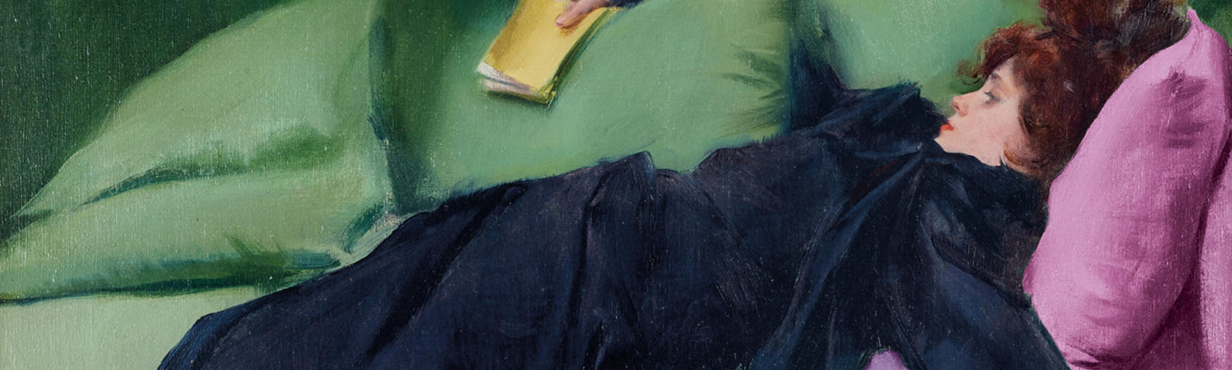 Marketing image for Colour Revolution exhibition showing colour stripes over the lady relaxing on a green chaise lounge
