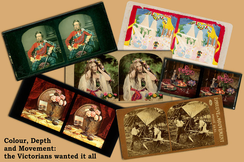 Array of colourful Victorian stereoscopes images from collector Brian May